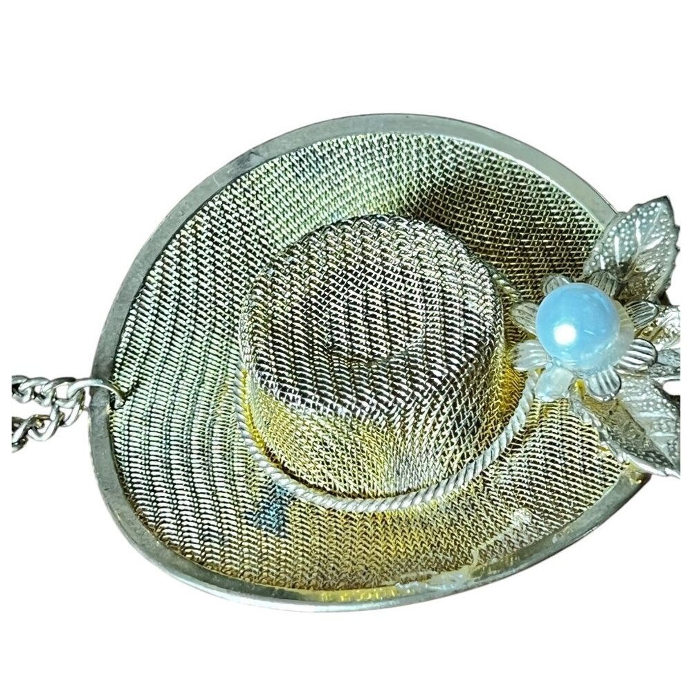 Vintage Gold Mesh Hat Brooch Sweater Guard With Faux Pearl & Leaf Accent Linked